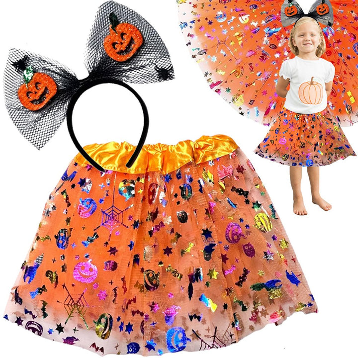 Set costumas halloween copii , Zola®, micuta dovlecica, 2 piese, fustita si coronita, 3 ani, negru/portocaliu