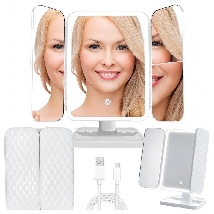 Oglinda cosmetica pliabila, Zola, lumini LED, marire 2x-3x, 3 moduri de iluminare, comutator tactil, reincarcabila, dimensiune pliata 31 × 21 cm, deschisa 40.8 × 31 cm, alba