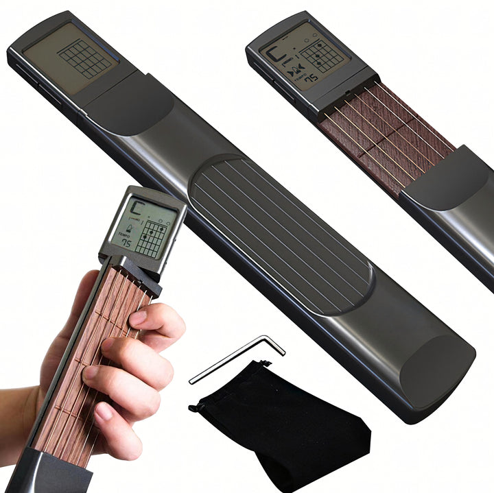 Antrenor digital de acorduri pentru chitara, Zola, ecran rotativ, functie metronom, corzi otel, 6 freturi, alimentare baterii, 310 × 50 × 35 mm