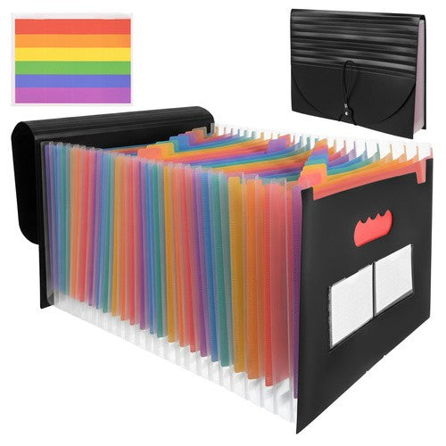 Organizator documente A4, Zola, tip acordeon, 24 compartimente, separatoare si etichete, inchidere cu elastic, plastic PP, 24.5 x 33 x 4-14 cm, negru