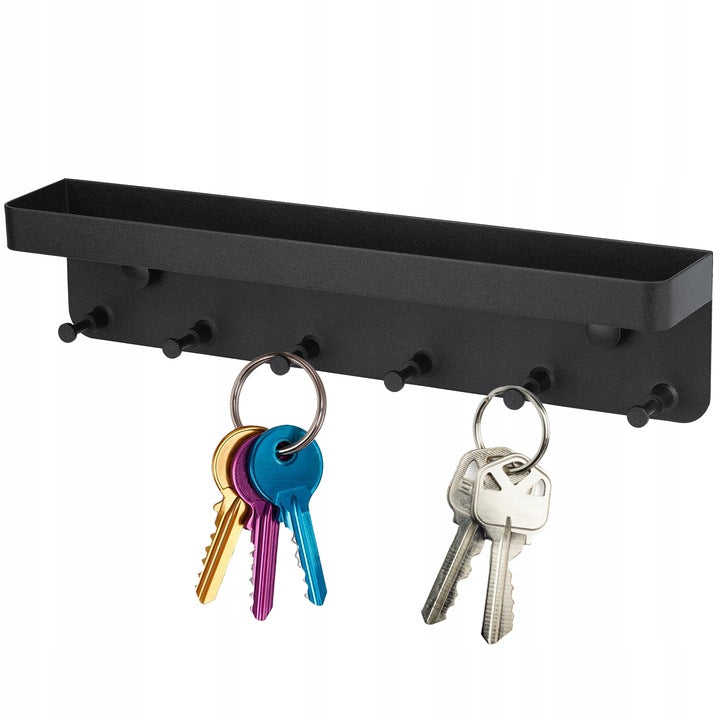 Organizator de perete cu 6 agatatori si suport, Zola, metalic, 24.3 x 5.7 x 4.1 cm, negru
