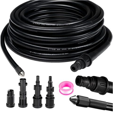 Furtun pentru desfundarea tevilor, Zola, lungime 20 m, 138 bar, compatibil cu aparat de spalat cu presiune, 4 adaptoare, flexibil, PVC, negru