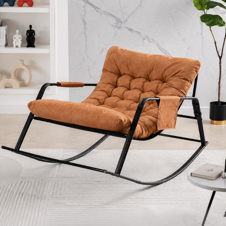 Fotoliu balansoar relaxare, Zola, 105×86×59 cm perna confortabila, buzunar lateral, cadru metalic, pentru interior, terasa, balcon, negru/caramiziu