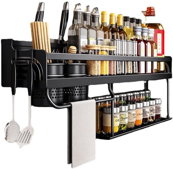 Raft organizator bucatarie, Zola, suport cutite, suport tacamuri, carlige, montare perete, metal, 58 x 24 x 12 cm, negru