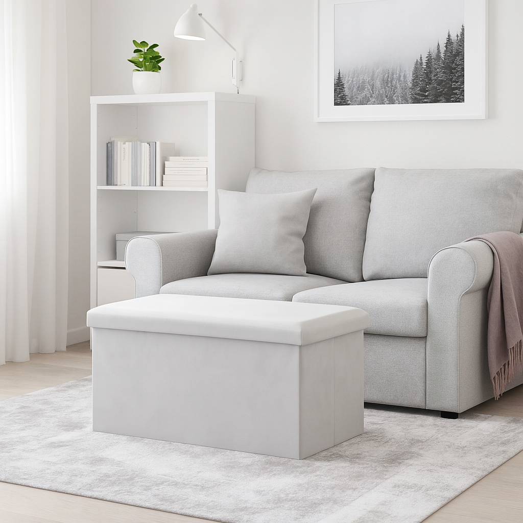 Taburet pliabil cu spatiu de depozitare, Zola, capacitate 54 l, 60 x 30 x 30 cm, greutate maxima suportata 80 kg, impermeabil, MDF, catifea, gri deschis