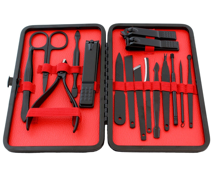 Trusa de unghii, UBX, 16 piese, manichiura si pedichiura, indepartare puncte negre, instrument de curatare auriculara, penseta, carcasa de transport, din otel inoxidabil si plastic, negru si rosu
