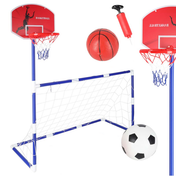 Poarta fotbal si cos baschet 2 in 1, Zola, 2 mingi incluse, pompa, inaltime cos 136 cm, 122 x 70.5 x 48 cm, albastru / rosu