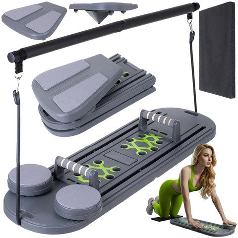 Placa pliabila de pilates pentru antrenament, Zola, manere flotari, roata exercitii, benzi rezistenta, antiderapanta, covoras, 97 x 30 cm, gri/verde