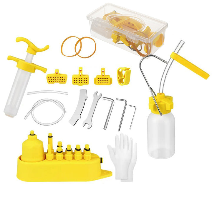 Kit pentru aerisirea franelor hidraulice de bicicleta, Zola, 30 de piese, plastic/metal, cutie depozitare, 18.7 x 9.2 x 6 cm, galben