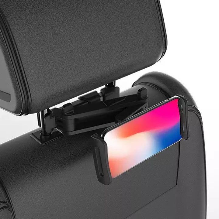 Suport auto cu fixare pe tetiera, Zola®, pentru smartphone sau tableta, cap rotativ 360 grade, brat reglabil, plastic, negru