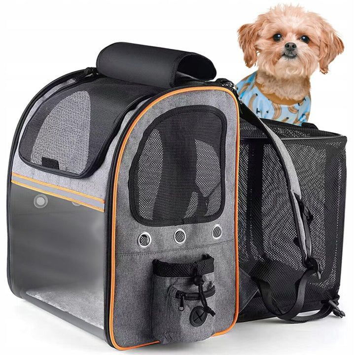 Rucsac pentru transport animale, Zola®, fereastra frontala, deschieri de ventilatie, PVC si plastic, pentru pisici si animale mici, greutate maxima suportata 8 kg, gri-portocaliu