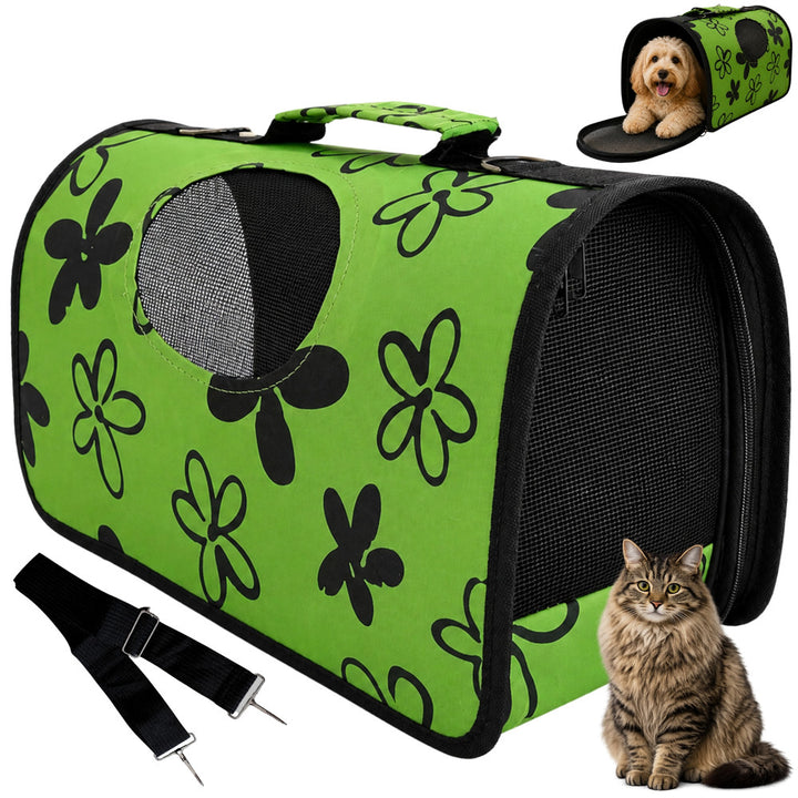 Geanta transport animale companie, Zola, 53 x 29 x 21 cm, 2 intrari, plasa ventilata, maner si bretea de umar, verde/negru