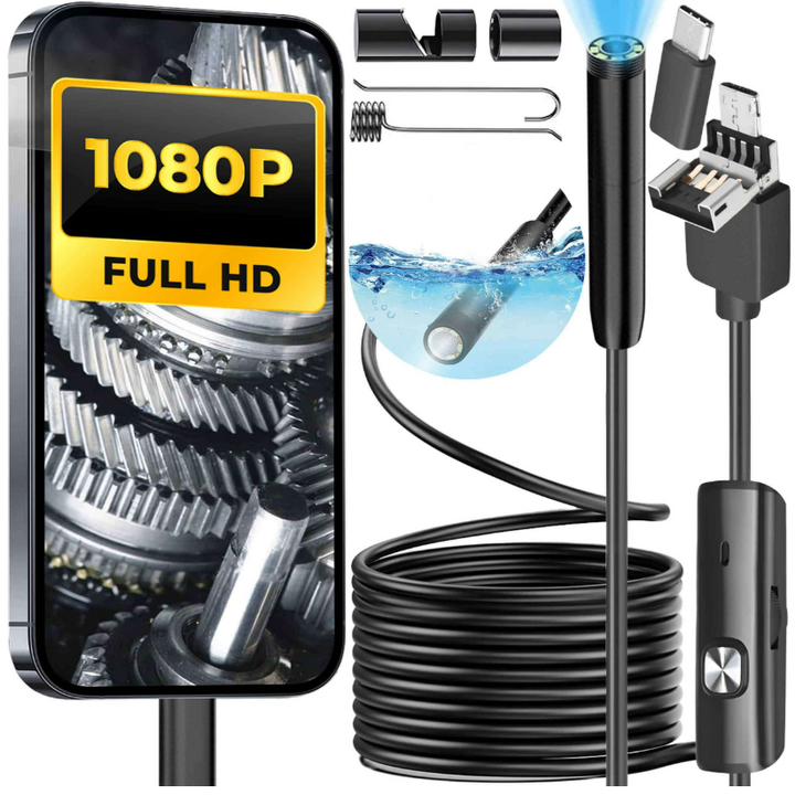 Camera endoscopica 8 LED-uri, Zola, 5 m, Full HD, 1920x1080p, lentila 8 mm, functie OTG, compatibila Android, mufa 3 in 1, USB, MicroUSB, USB-C, impermeabila, IP68, magnet, carlig si oglinda