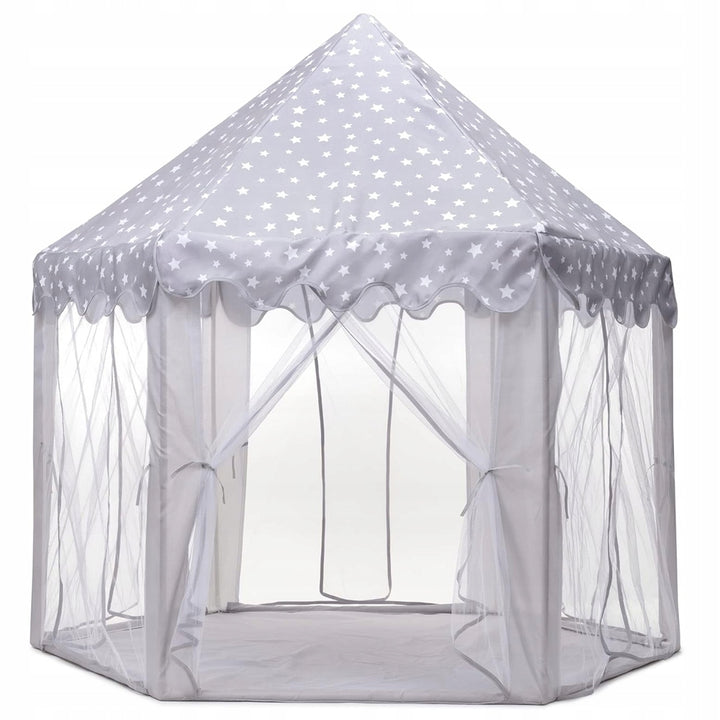 Cort de joaca pentru copii, Zola®, stil cort, cu perdele, inaltime totala 140 cm, alb-gri cu stelute