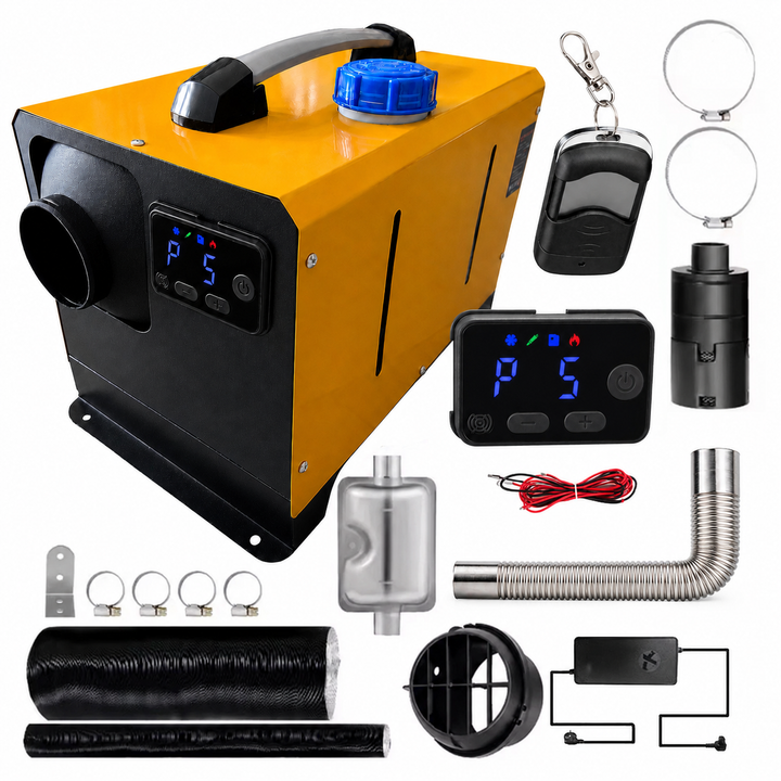 Incalzitor stationar diesel, Zola, 8 KW, alimentare 12/24/220 V, control temperatura, programare timp functionare, telecomanda, negru/galben