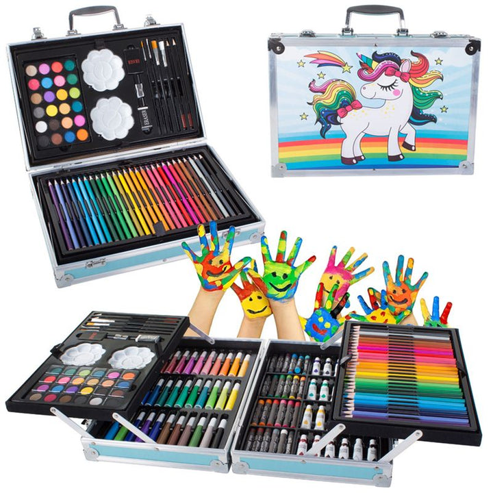 Set pictat si desen, Zola, 145 piese, gentuta depozitare stil gemantan, model Unicorn si curcubeu, albastru, 34 x 23 x 9 cm