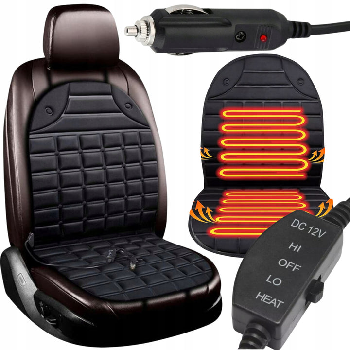 Husa scaun auto cu incalzire, Zola, 48W, 12V, spuma moale, poliester, alimentare priza bricheta,100x48 cm, neagra