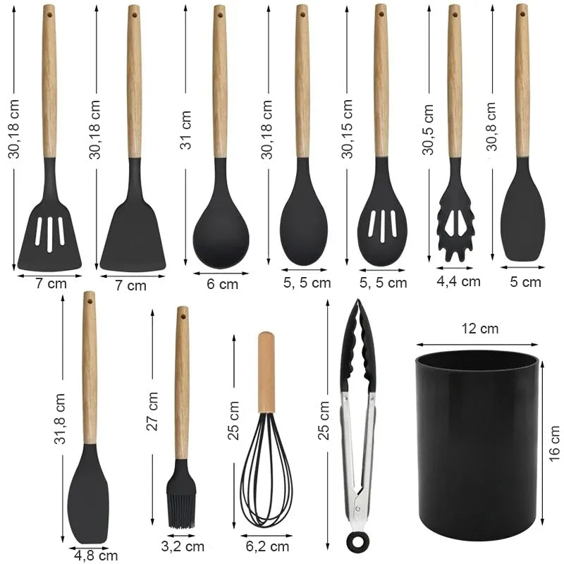 Set 11 ustensile de gatit, Zola, din silicon cu maner rezistent din lemn, rezistente la temperaturi intre -40 si +230 grade, suport de depozitare, negru