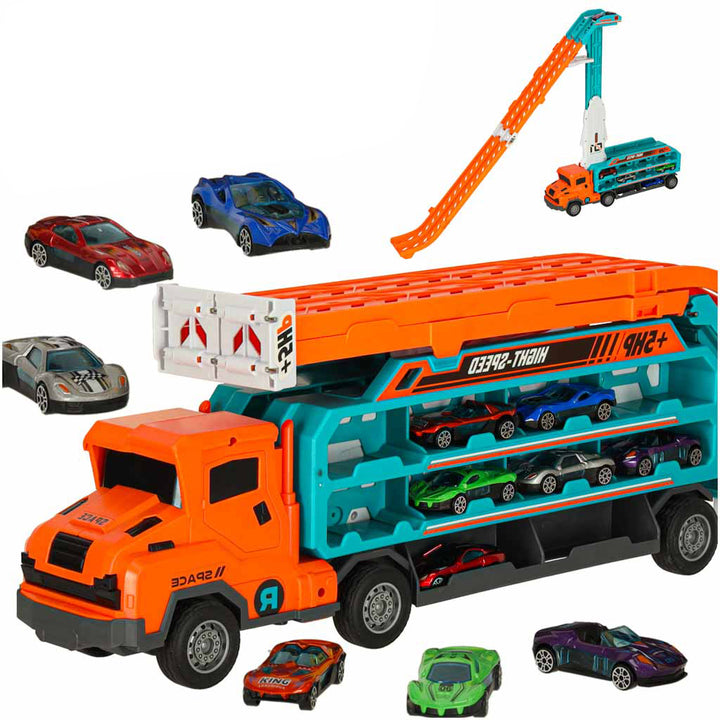 Set de joaca camion transportator cu pista de lansare, Zola, 6 masinute,  dimensiune pista 90 x 10 x 57 cm, dimensiune transportor 50 x 10 x 18 cm