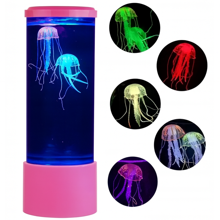 Lampa LED RGB ambientala Jellyfish, Zola, 2 meduze artificiale, efect acvariu, alimentare USB/baterii, 8 × 22 cm, roz