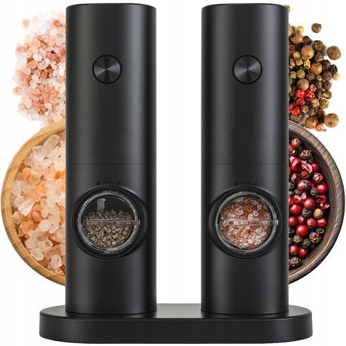 Set 2 rasnite electrice cu suport, Zola, grad macinare reglabil, capacitate 70 ml/55 g, iluminare LED, alimentare baterii, 19.5 x 16.5 x 7.5 cm, negre
