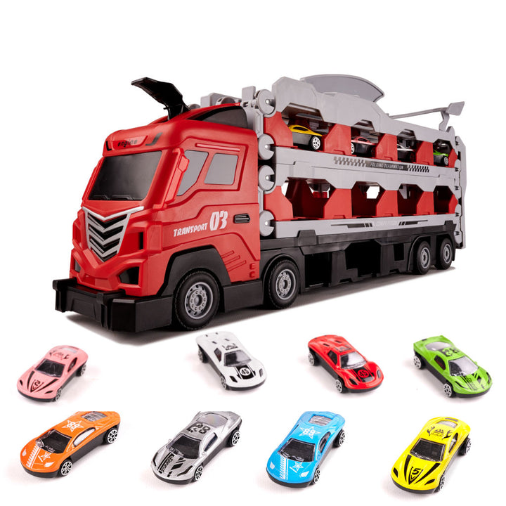 Set de joaca mega transportator, Zola®, 8 masini, 3 platforme, lungime extins 2.10 m, dimensiune 48 x 16.5 x 8.5 cm