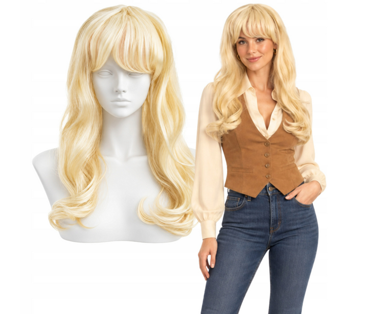 Peruca din par sintetic, Zola, blond platinat, breton, ondulata, lungime 70 cm, prindere banda elastica