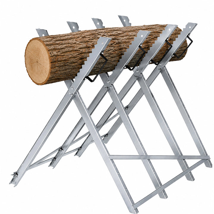 Stand de lucru tip capra pliabila, Zola, pentru taiat lemne, din otel galvanizat, manere zimtate, 83 × 83 × 78 cm