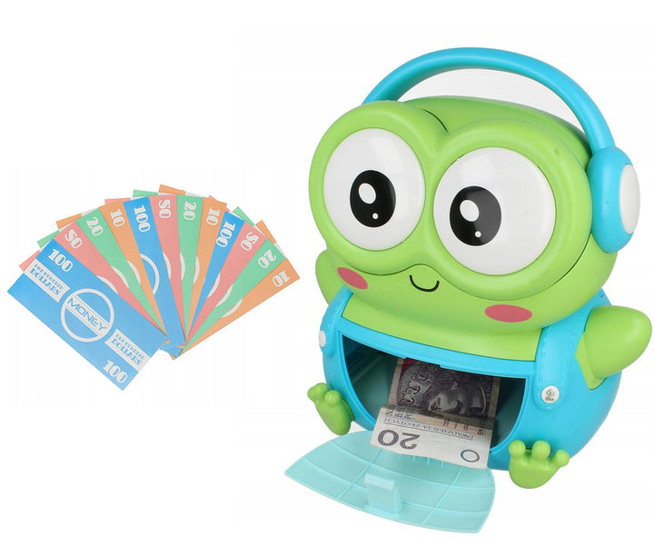 Pusculita rucsac, Zola®, PIN ascuns sub ochisori, model in forma de broscuta, bani de jucarie inclusi, sunete muzicale, plastic, 23x11x20 cm, verde/albastru