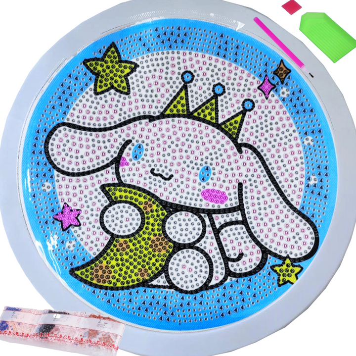 Goblen mozaic cu diamante cu rama, Zola, rotund, model cinnamoroll, 20 x 20 cm