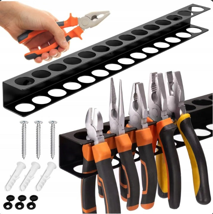 Suport multifunctional de perete pentru unelte, Zola, 14 spatii pentru organizare, accesorii montare incluse, otel, 40 cm, negru