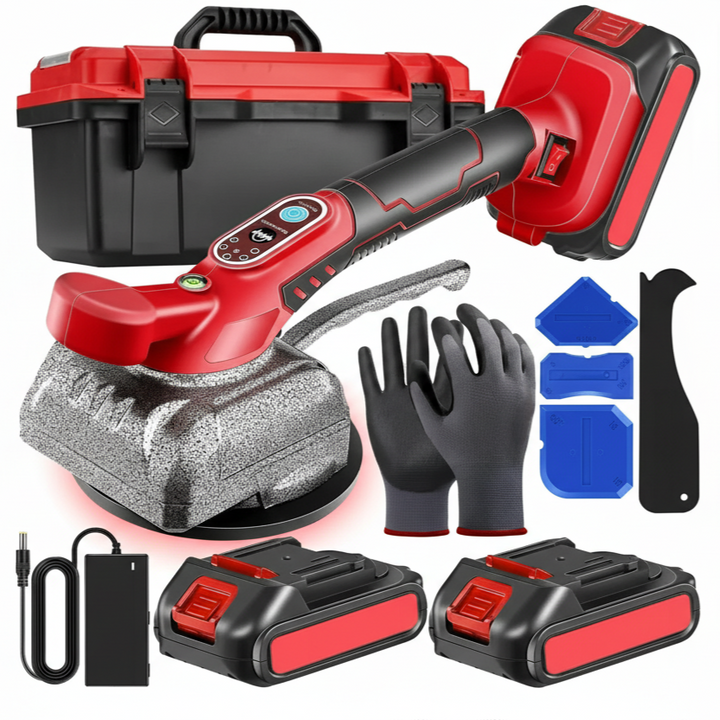 Ventuza vibranta pentru placi ceramice, Zola, 5 trepte aspiratie, putere absorbtie 80 kg, 2 acumulatori 21 V, diametru 130 mm, manusi si 4 raclete, cutie depozitare