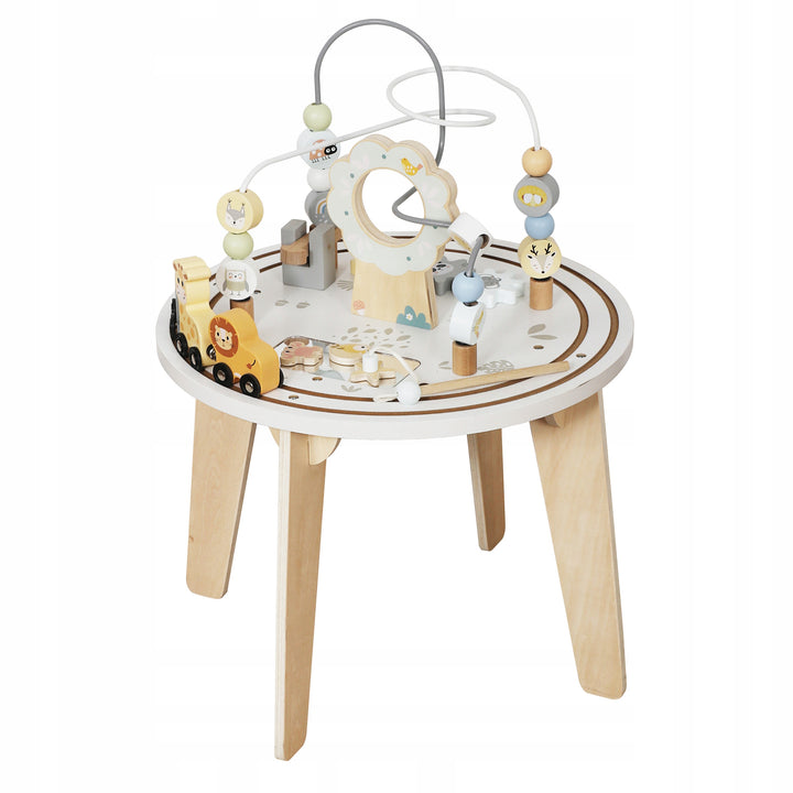 Masuta educationala Montessori, Zola, trenulet magnetic cu animalute, 2 trasee bilute, roti, activitati senzoriale, din lemn, 40 x 54 cm, alba