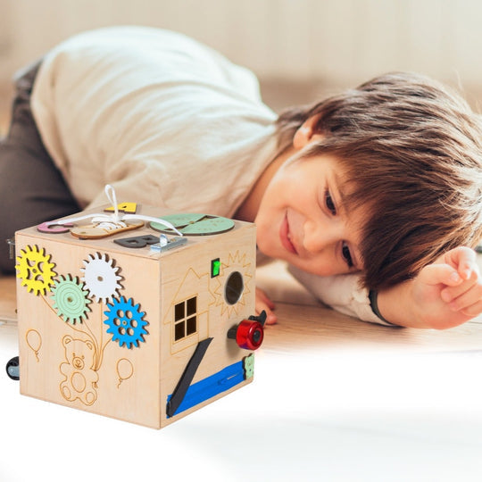 Cub educativ montessori, Zola®, 6 laturi,cu activitati care dezvolta inteligenta copilului si  motricitatii fine, lemn, culori placute, 20.5 x 20.5 x 20.5 cm