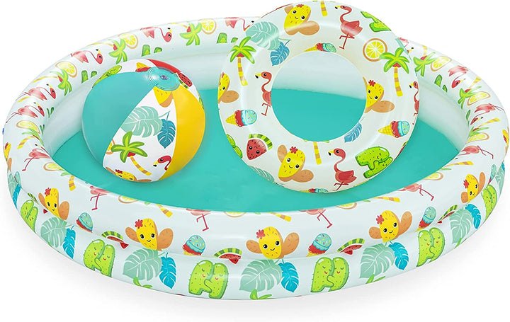 Set piscina gonflabila pentru copii, Zola®, colac si minge, model vara, 122×20 cm, capacitatea 137 L