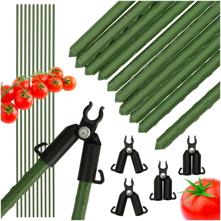Set suporturi pentru gradina, Zola, 10 araci metalici pentru sustinerea plantelor, 120 cm, diametru 1.1 cm, 4 conectori pentru construirea unei structuri, verde