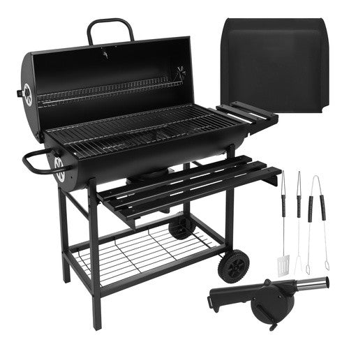 Gratar de gradina mobil pe lemne/carbuni, Zola, capac cu termometru, 2 rafturi de lucru, polita inferioara, suflanta inclusa, accesorii gratar, otel, 108 x 67 x 96 cm, negru