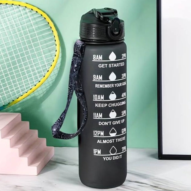 Sticla de apa cu pai, Zola, stikere amuzante, sistem de blocare capac, 1000 ml, marcator de timp cu mesaje, fara BPA, maner rezistent, 28.5x7.5cm, negru