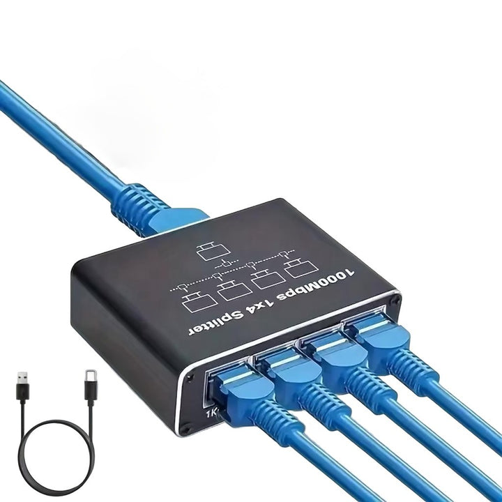 Splitter retea Ethernet, Zola, 4 porturi RJ45, viteza 1 Gb/s, compatibil Cat5e Cat6 Cat7 Cat8, alimentare USB, 8.5 x 6 x 2.5 cm, negru