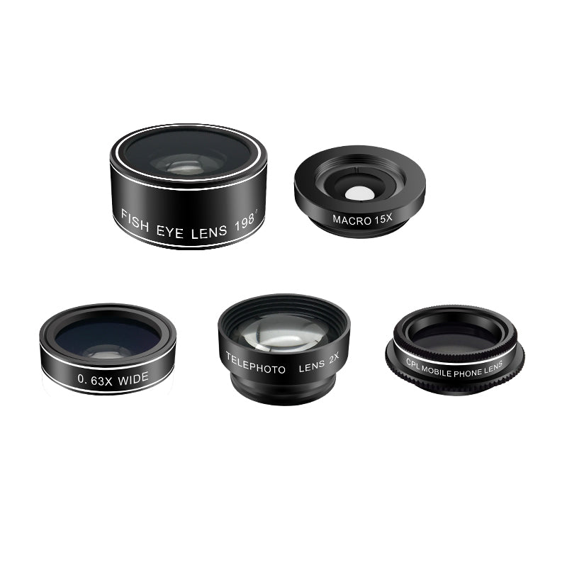 Set lentile pentru telefon 5 in 1, Zola®, plastic, universal, unghi larg. telescopic, negru