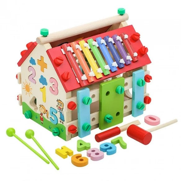 Jucarie interactiva de copii, Zola®, din lemn si plastic, multifunctionala, casuta colorata,  22 x 19 x 24 cm