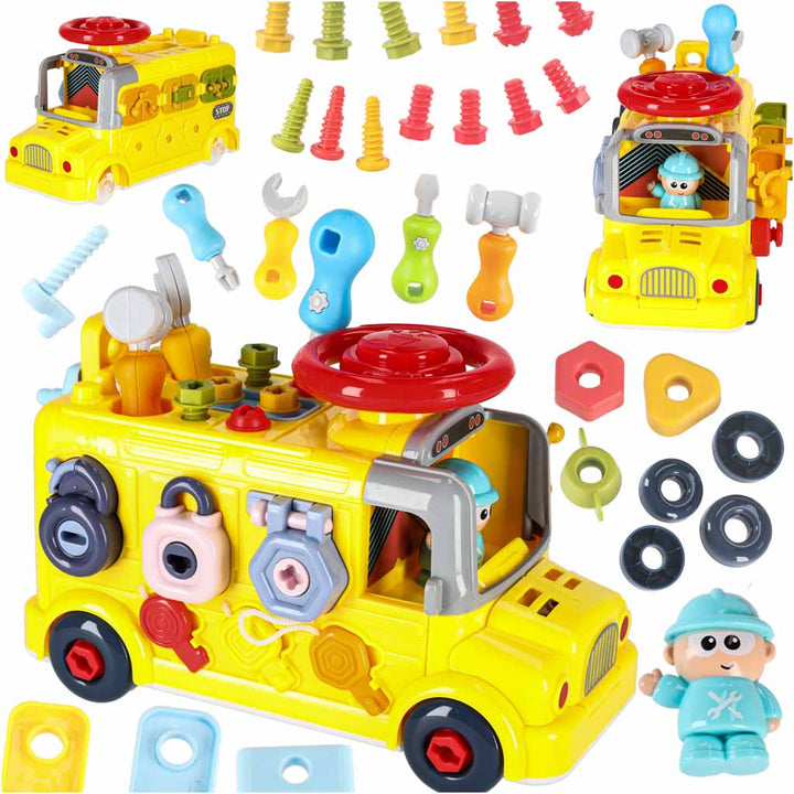 Set constructie autobuz interactiv 6 in 1, Zola, 55 piese, sofer, suruburi si uneltte, plastic, 25 x 16.5 x 14 cm, multicolor