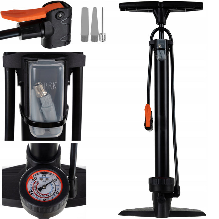 Pompa de picior, Zola®, cu manometru, metalica,16 bar / 230 PSI, 3 capete, 22 x 13 x 56-92.5 cm universala