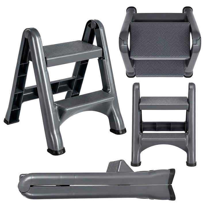 Taburet pliabil cu 2 trepte, Zola, sarcina maxima 150 kg, trepte si picioare antiderapante, 48 x 50 x 60 cm, gri