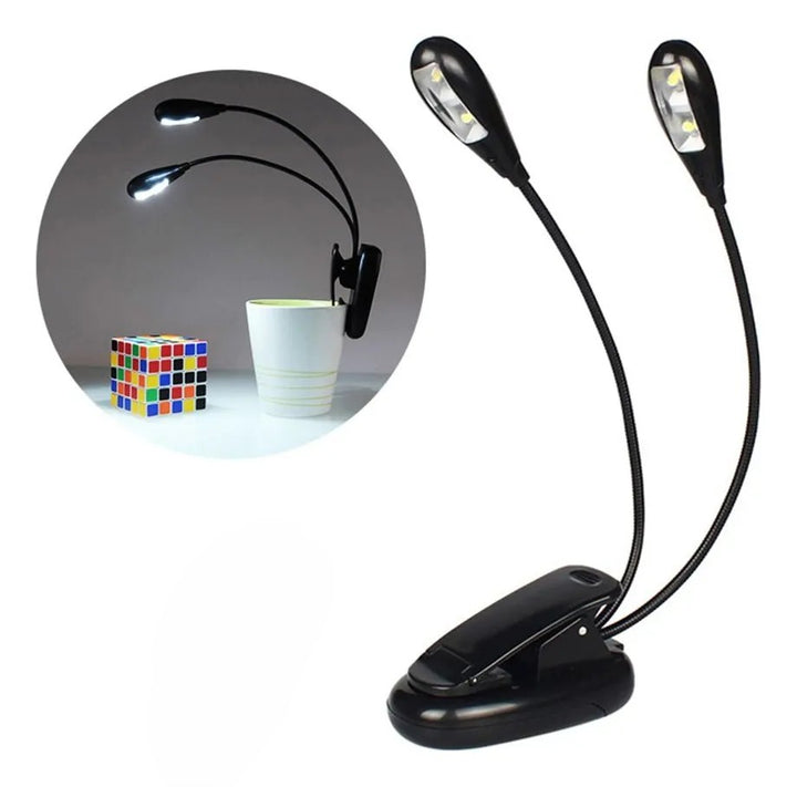 Lampa LED dubla pentru citit, Zola, fixare clema, brate flexibile, alimentare baterii/USB, plastic PP, 22 cm, negru