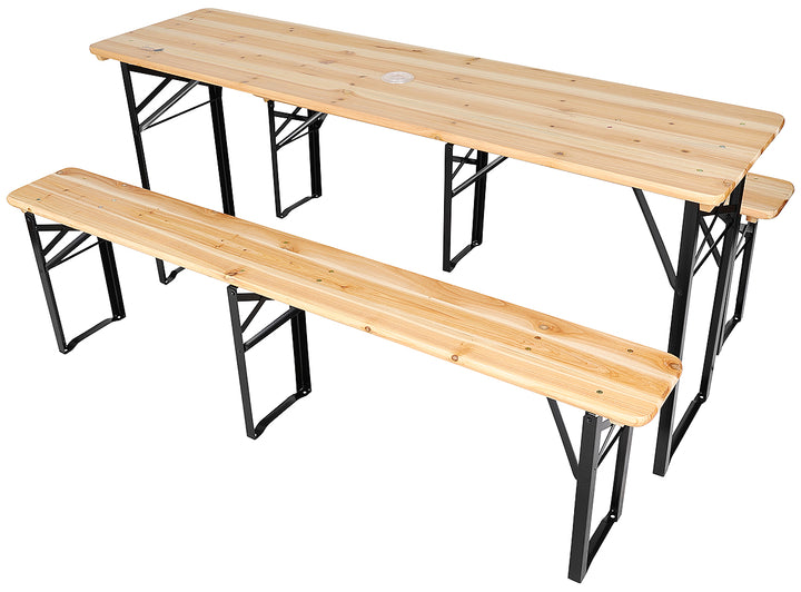 Set masa cu 2 banci pliabile, Zola®, cadru metalic, blat lemn, orificiu umbrela, dimensiuni 170x46x75 cm/170x23x46 cm, crem