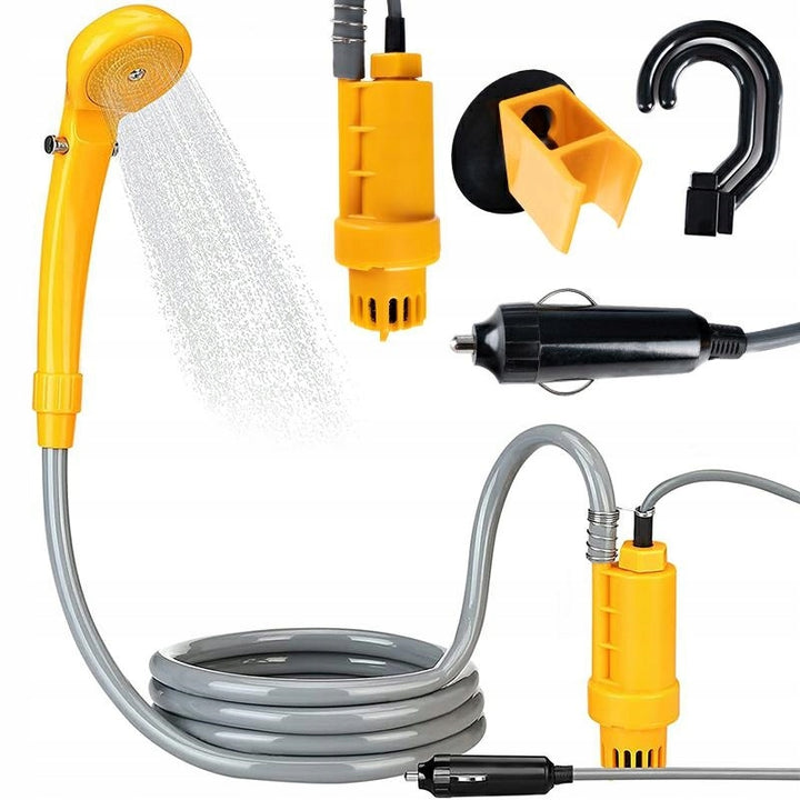 Set dus auto portabil cu pompa electrica, Zola, 60W, 5l/min, reglare debit apa, alimentare priza bricheta, 12V, carlig si ventuza montare, lungime furtun 2m, galben