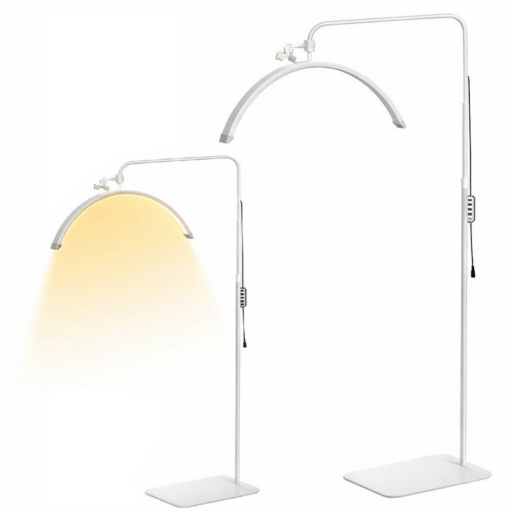 Lampa cosmetica LED profesionala semiluna, Zola, 40W, lumina reglabila calda/neutra/rece, telecomanda, suport telefon, inaltime reglabila, 67 x 139–184 cm, alba