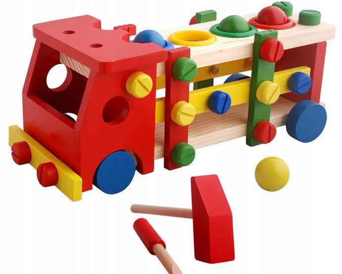 Masinuta interactiva din lemn, Zola®, cu 4 bile, suruburi si unelte incluse