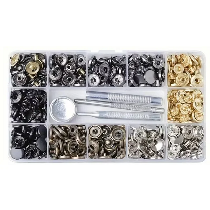 Set 90 capse pentru imbracaminte, Zola, accesorii montare, cutie depozitare, metal, argintiu/ auriu/ alama antica/ negru